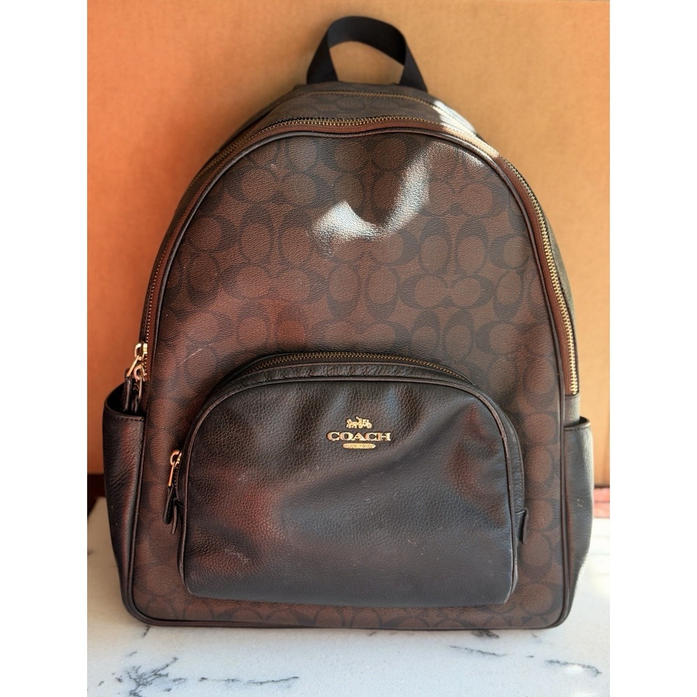 Coach 6495 Large Court Backpack In Signature Coated Canvas Brown Black Leather